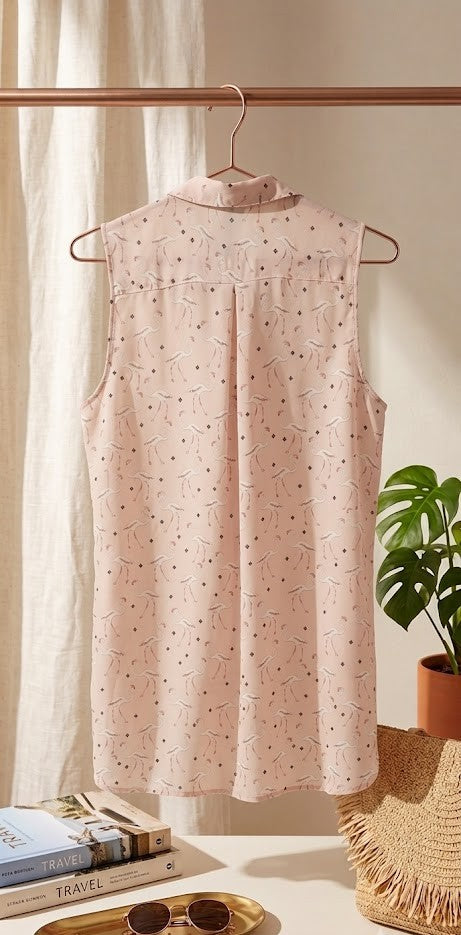 Chic Flamingo Print Sleeveless Button-Down Blouse