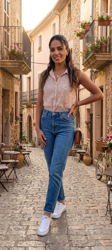 Chic Flamingo Print Sleeveless Button-Down Blouse