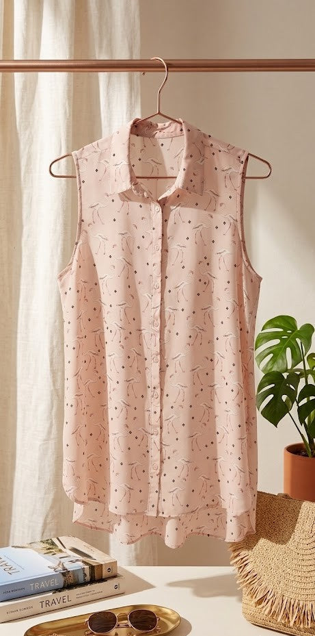 Chic Flamingo Print Sleeveless Button-Down Blouse