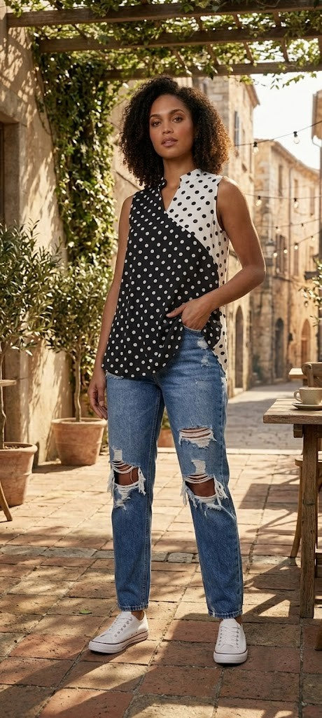 Elegant Two-Tone Polka Dot Blouse