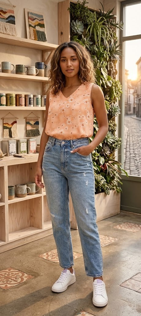 Charming Peach Floral Sleeveless Blouse