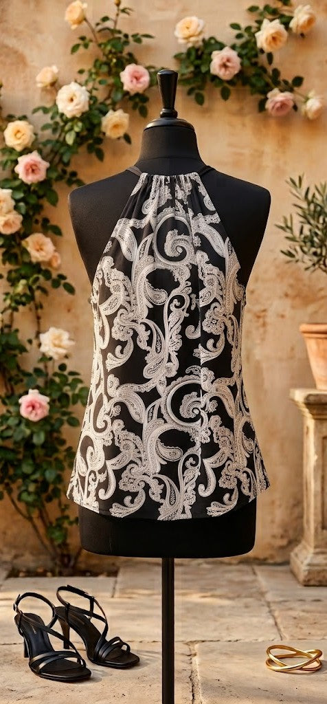 Legend Collection Black & White Paisley Halter Blouse
