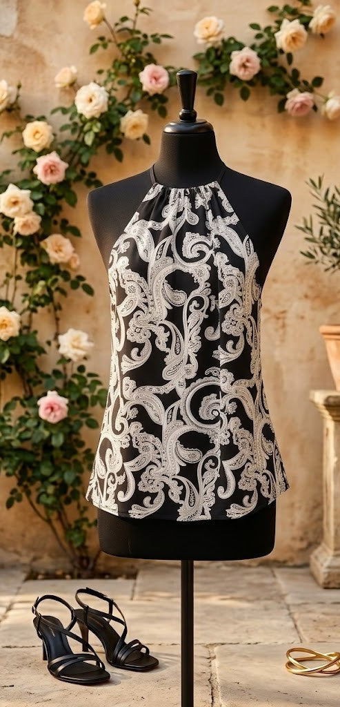 Legend Collection Black & White Paisley Halter Blouse