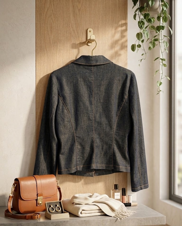 Pourquoi French-Made Denim Blazer - Stylish Cotton-Blend Jacket - Size S/M