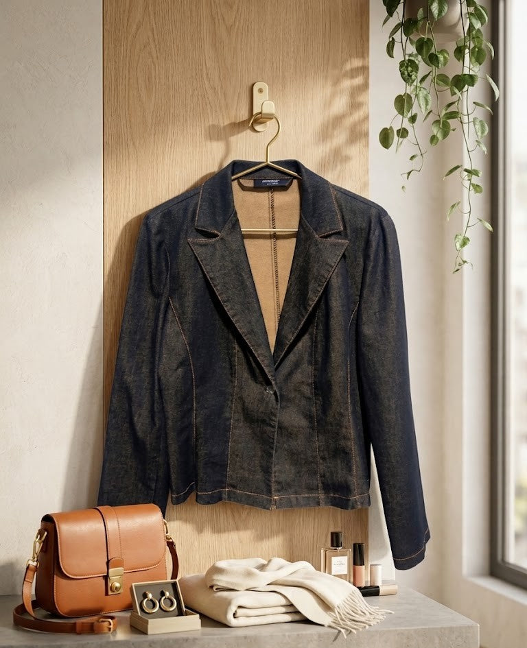 Pourquoi French-Made Denim Blazer - Stylish Cotton-Blend Jacket - Size S/M