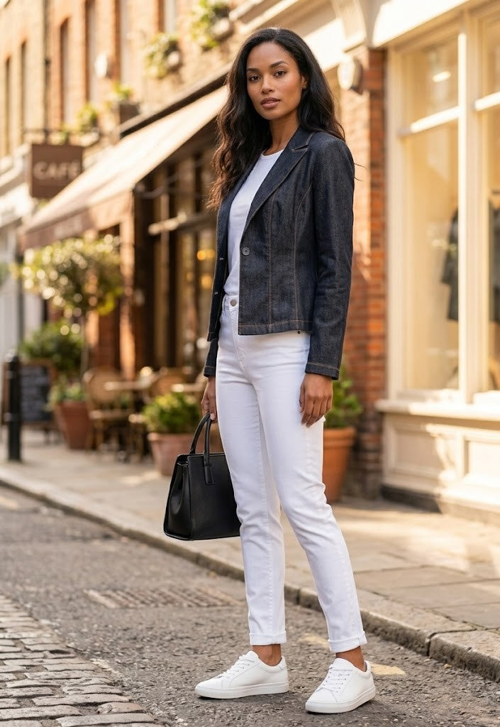 Pourquoi French-Made Denim Blazer - Stylish Cotton-Blend Jacket - Size S/M