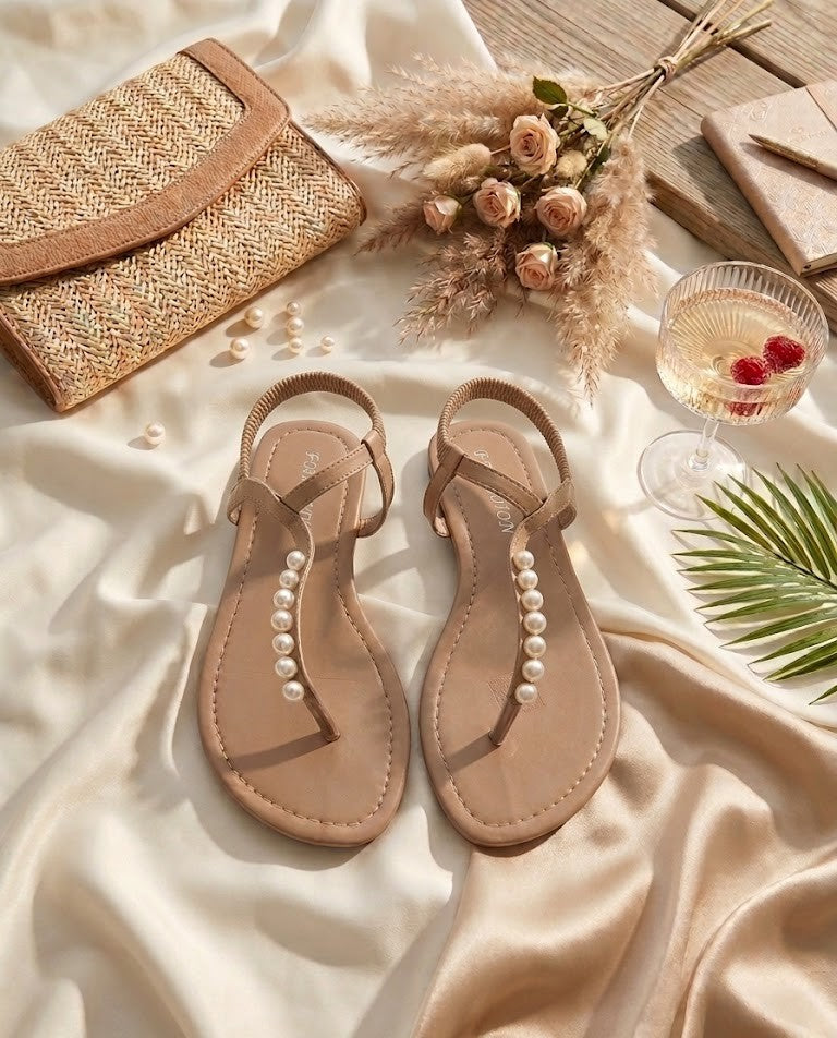 Elegant Pearl-Embellished T-Strap Sandals – Brand New, Size 7
