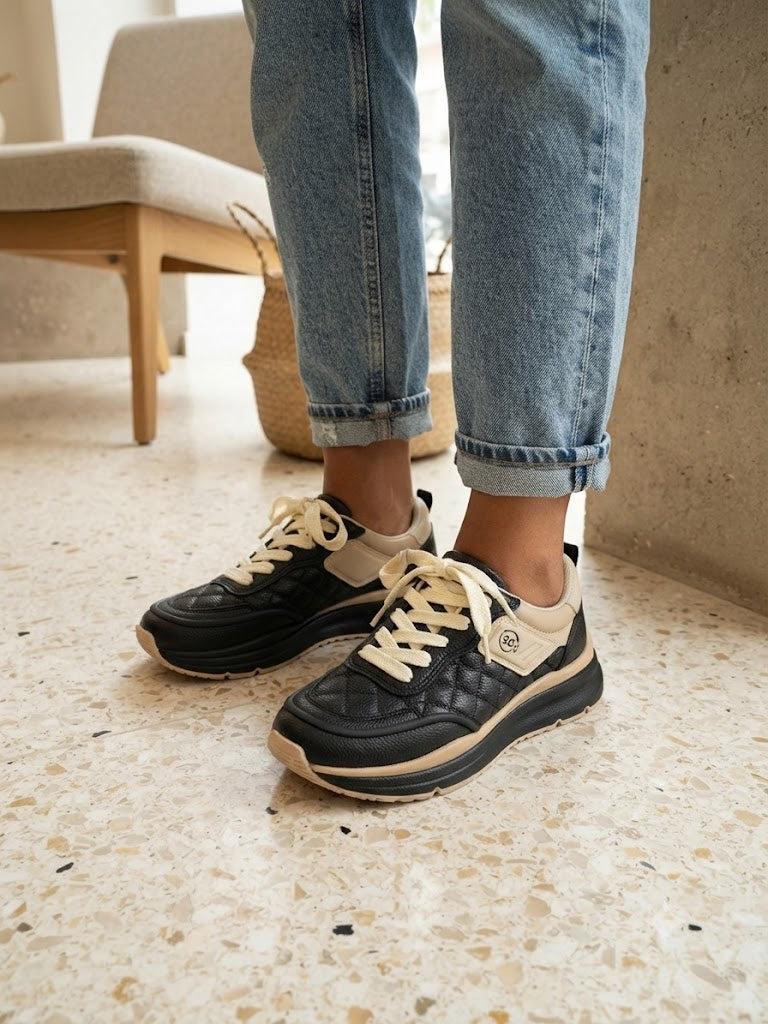 Quilted Platform Sneakers - Black & Beige (Size 9)