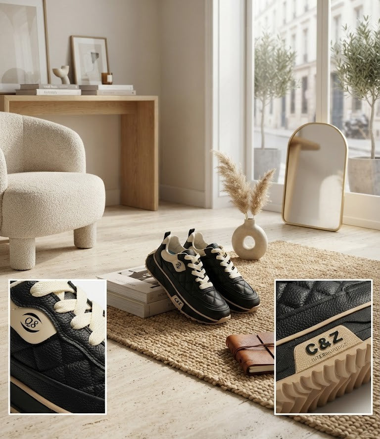 Quilted Platform Sneakers - Black & Beige (Size 9)