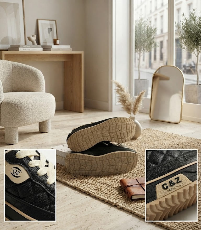 Quilted Platform Sneakers - Black & Beige (Size 9)