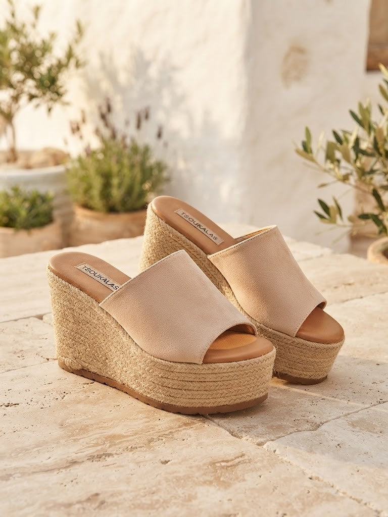 Tsoukalas Beige Platform Espadrille Wedge Sandals - Size 5