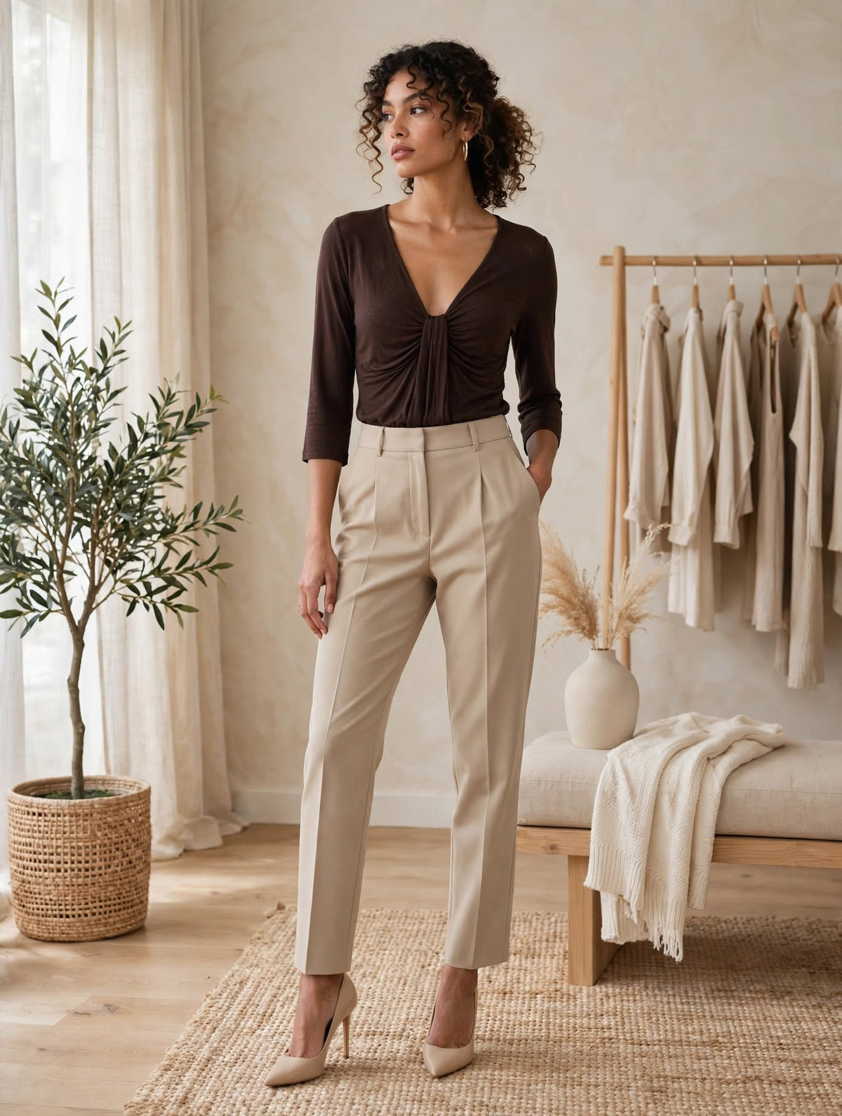 Truworths Brown V-Neck Gathered Front Blouse – Size 38 (Pre-Loved)