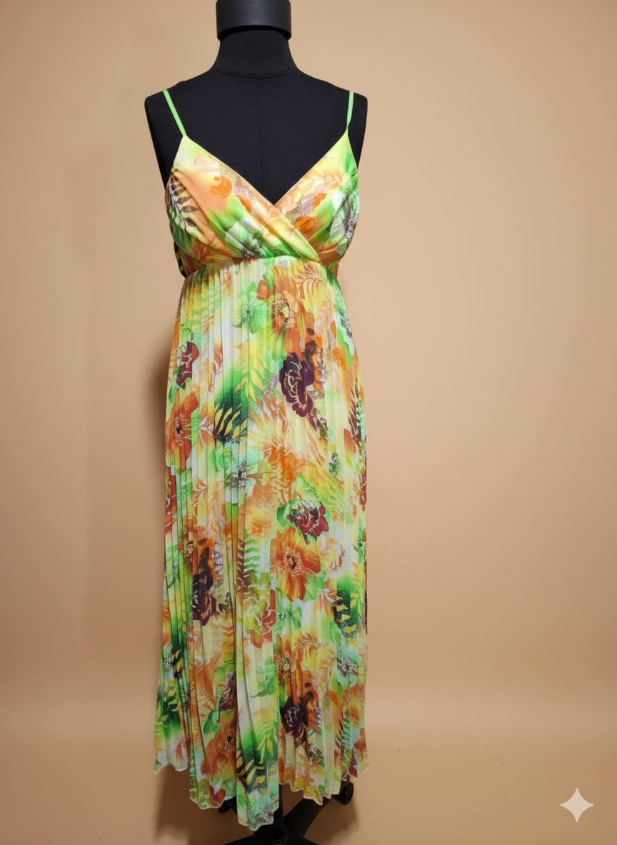 Tropical Floral Print Pleated Maxi Dress – Sun-Kissed Yellow & Lime
