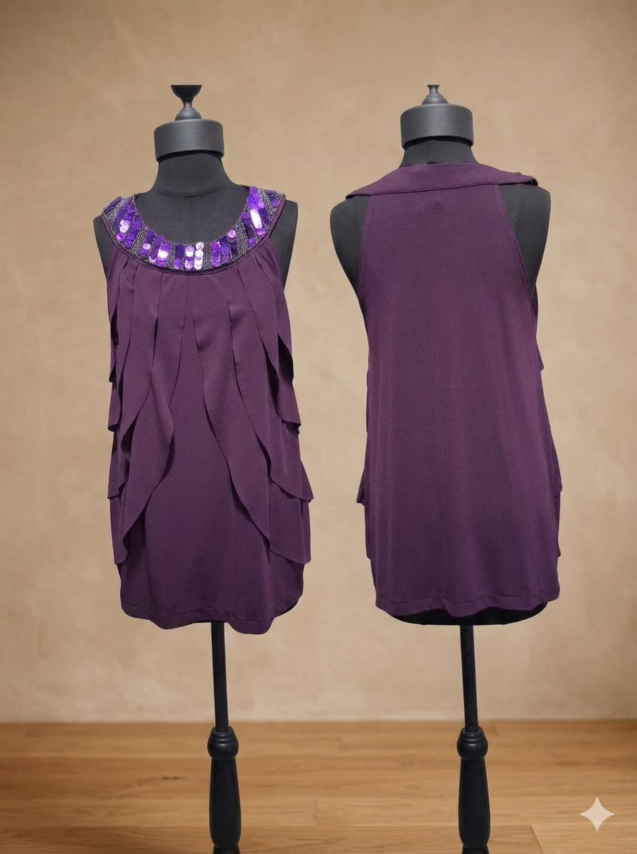 Royal Purple Sleeveless Blouse – Sparkle Sequin Trim & Layered Ruffles