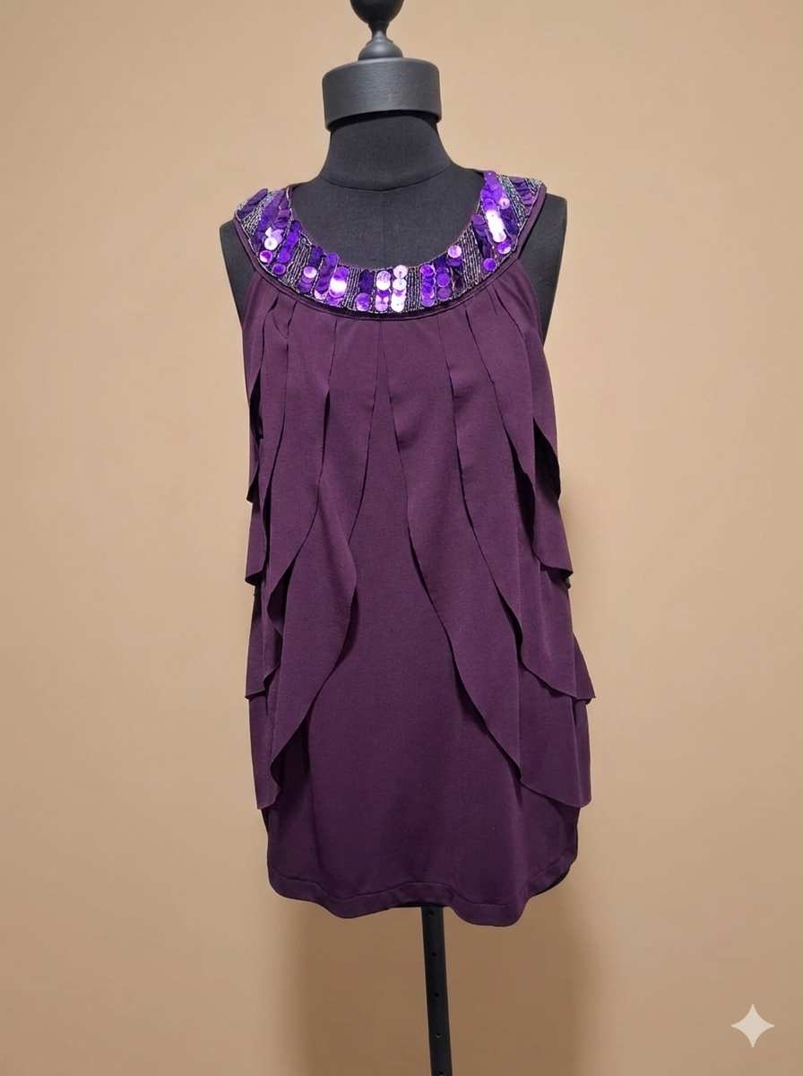 Royal Purple Sleeveless Blouse – Sparkle Sequin Trim & Layered Ruffles