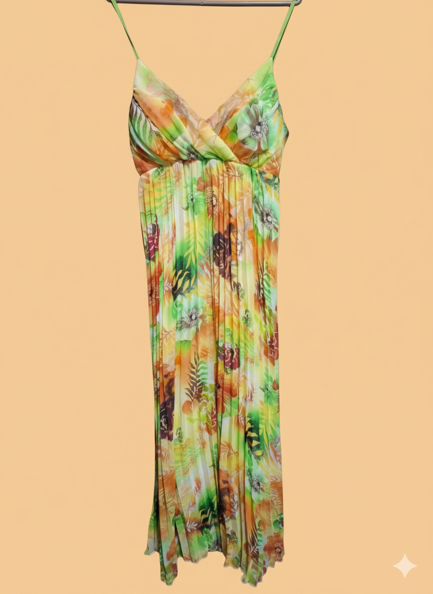 Tropical Floral Print Pleated Maxi Dress – Sun-Kissed Yellow & Lime