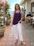 Royal Purple Sleeveless Blouse – Sparkle Sequin Trim & Layered Ruffles