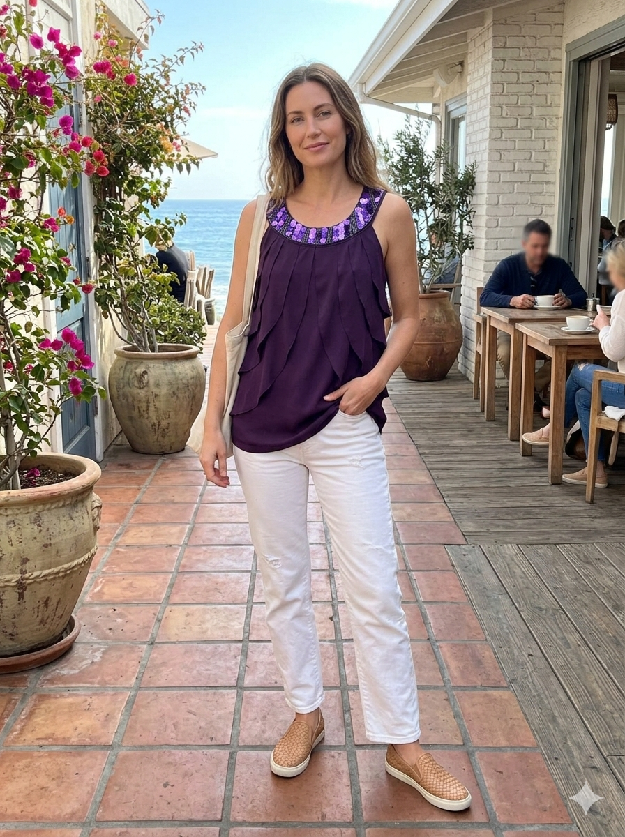 Royal Purple Sleeveless Blouse – Sparkle Sequin Trim & Layered Ruffles