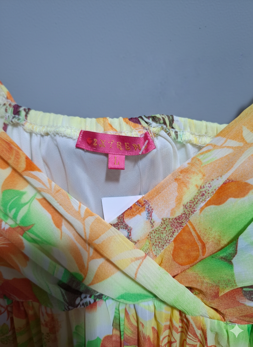 Tropical Floral Print Pleated Maxi Dress – Sun-Kissed Yellow & Lime