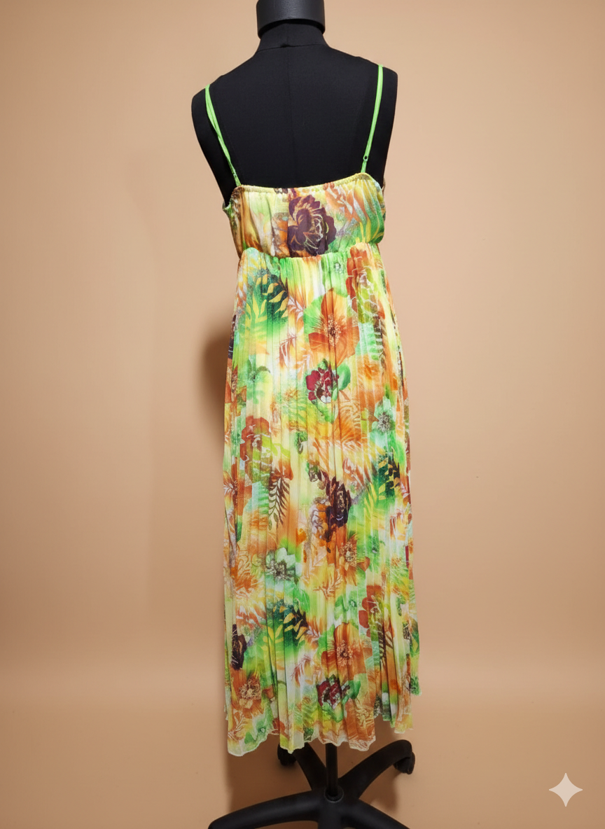 Tropical Floral Print Pleated Maxi Dress – Sun-Kissed Yellow & Lime