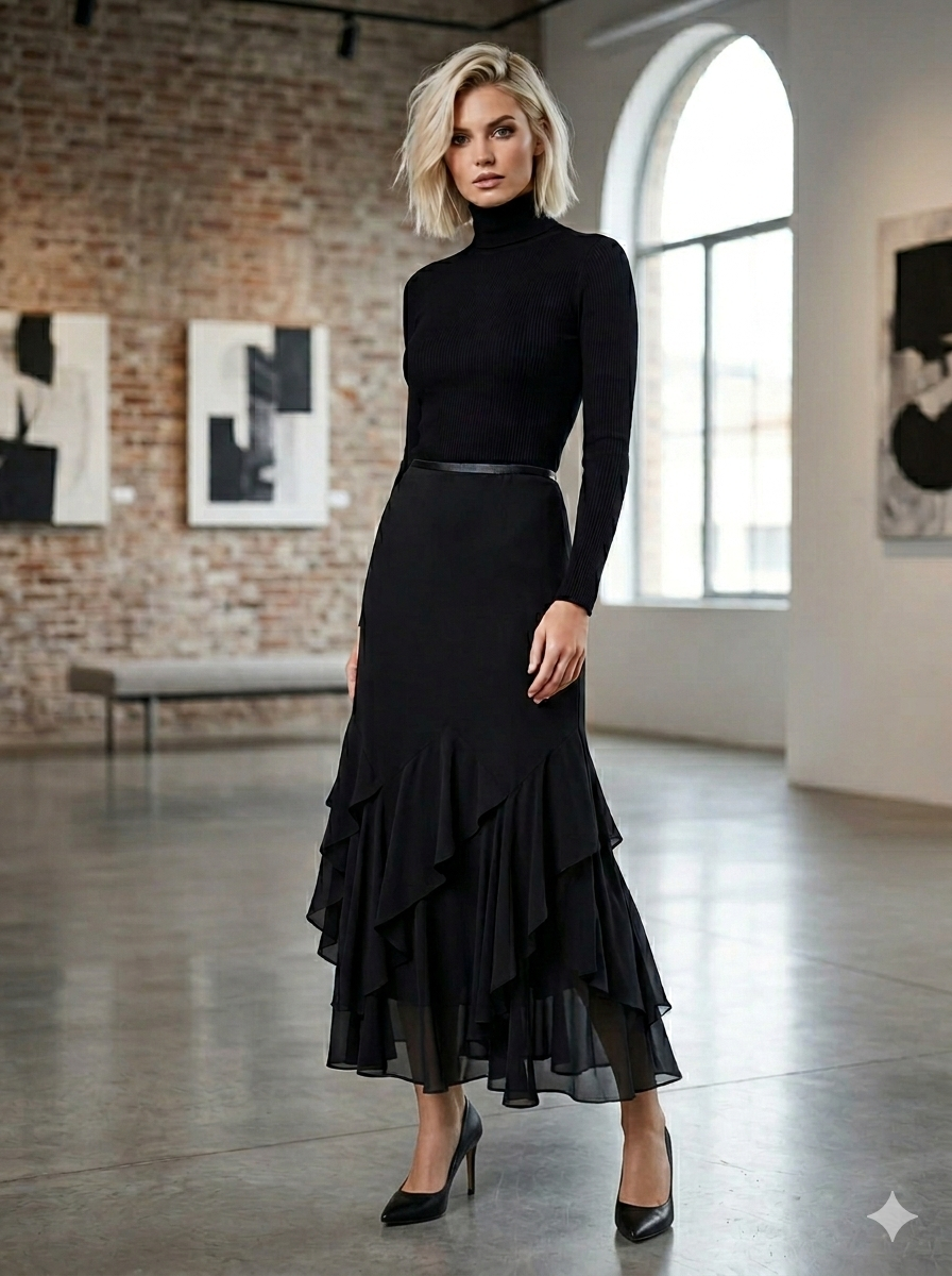Midnight Black Layered Ruffle Maxi Skirt – Formal & Occasion Wear