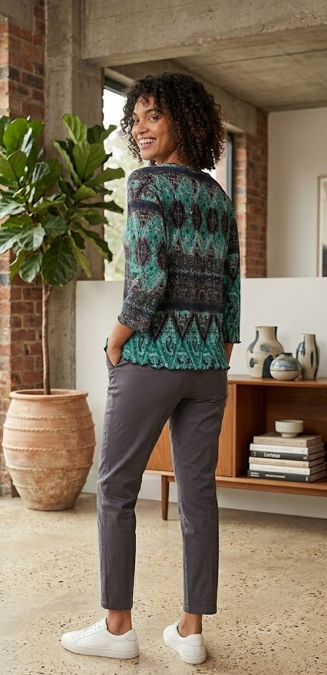Milady's Elegant Geometric & Paisley Print V-Neck Top | XXL