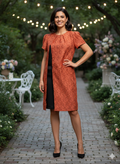 Vintage-Inspired Burnt Orange Lace Overlay Dress with Front Slit Detail