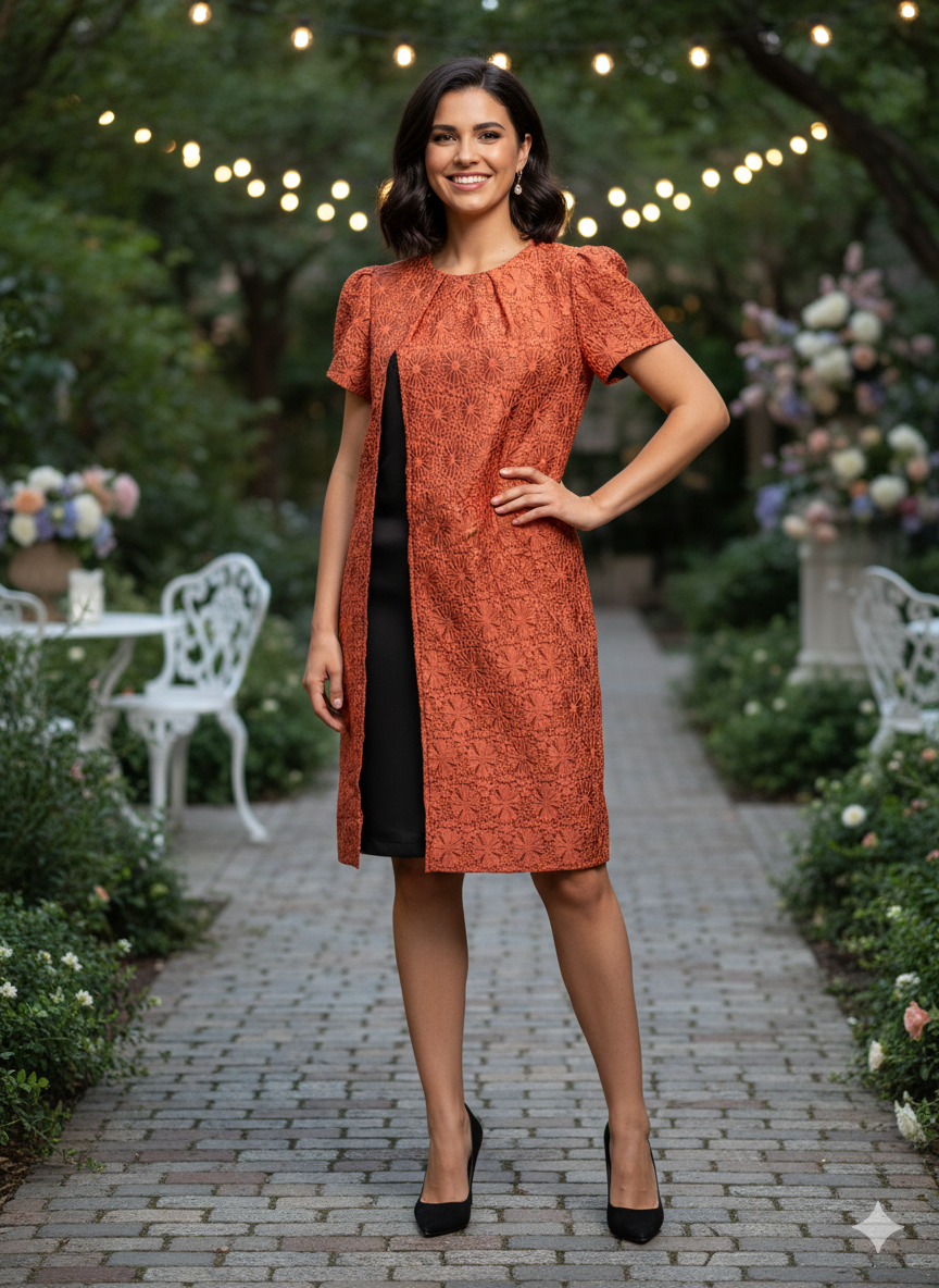 Vintage-Inspired Burnt Orange Lace Overlay Dress with Front Slit Detail
