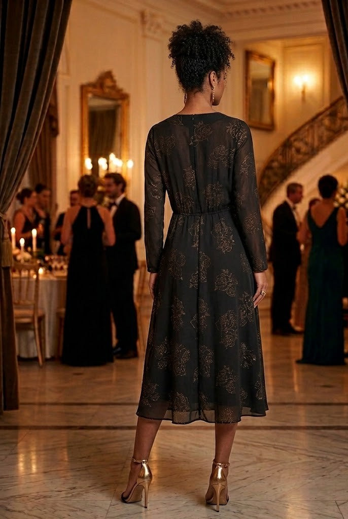 Vintage-Inspired Midnight Rose Chiffon Midi Dress