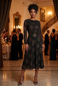 Vintage-Inspired Midnight Rose Chiffon Midi Dress