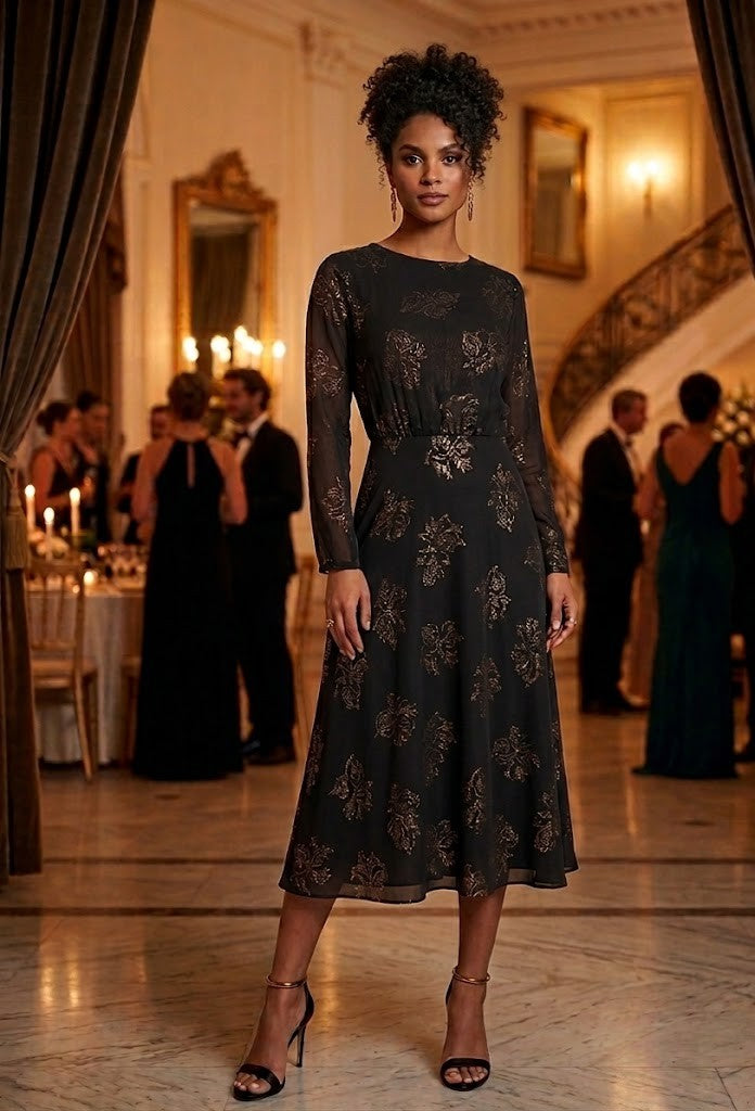 Vintage-Inspired Midnight Rose Chiffon Midi Dress