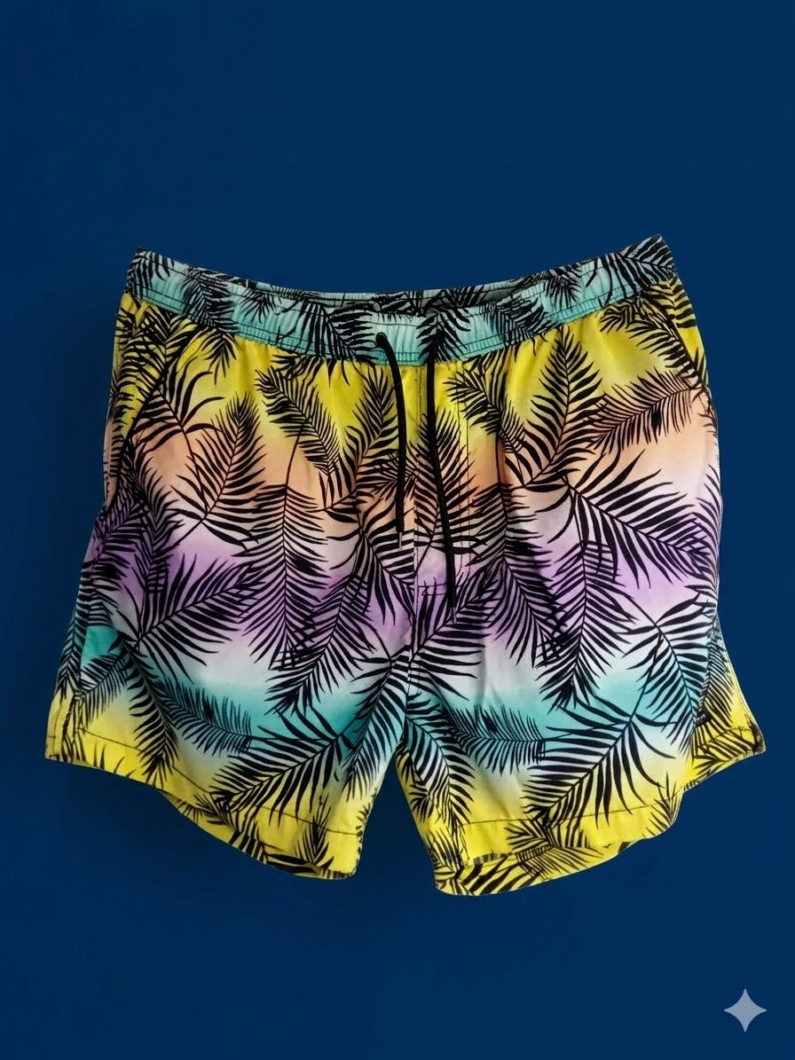 Tropical Palm Sunset Swim Shorts – Quick-Dry Summer Trunks