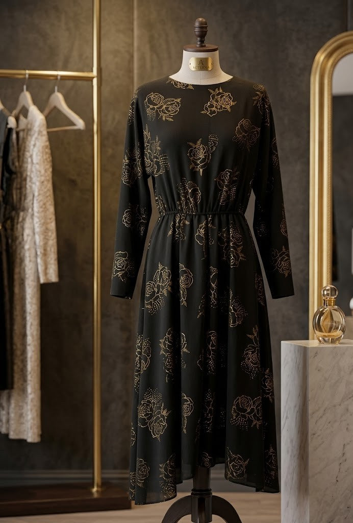 Vintage-Inspired Midnight Rose Chiffon Midi Dress