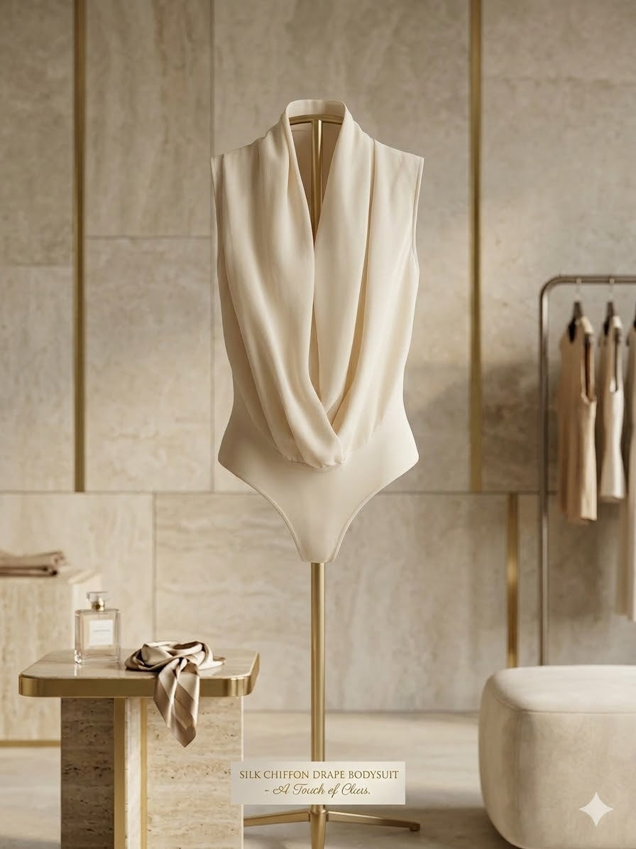 Draped Chiffon-Feel Bodycon Bodysuit (Cream)