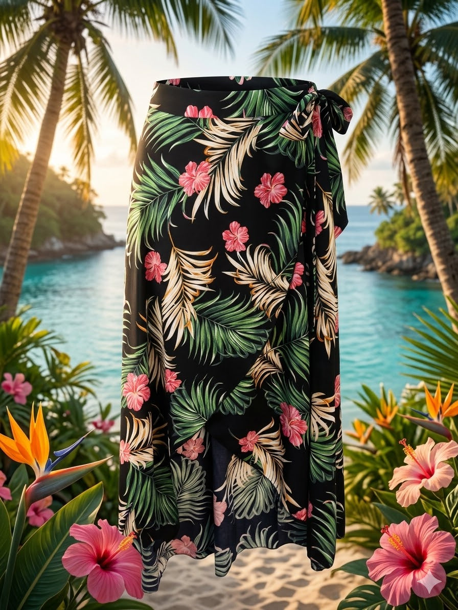 Island Breeze Floral Palm Wrap Maxi Skirt