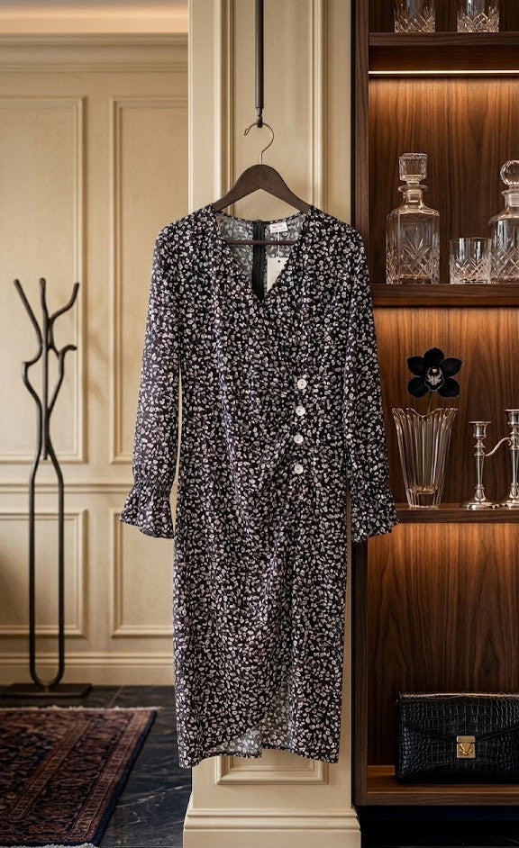 Midnight Meadow Mock-Wrap Midi Dress