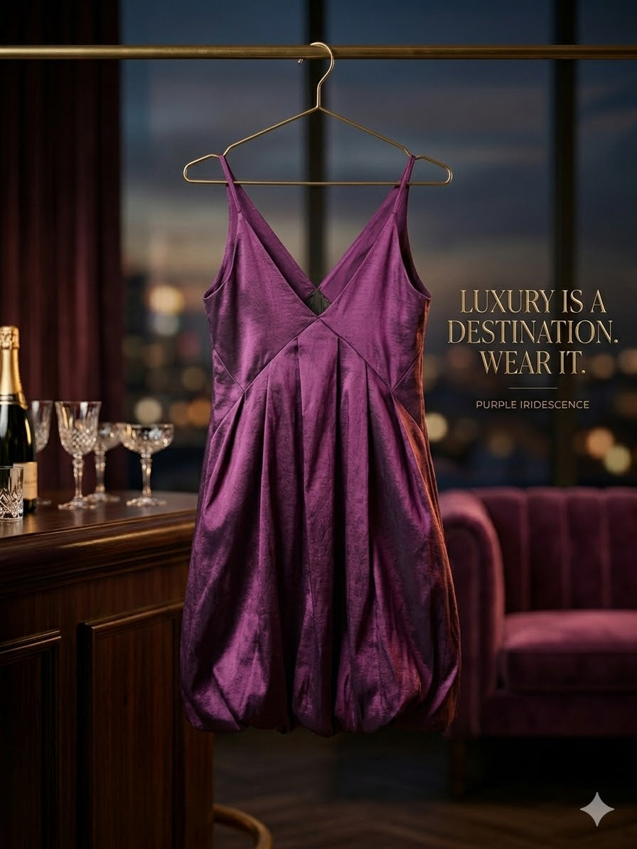 Iridescent Midnight Plum Sculptural Cocktail Dress with Hidden Pockets