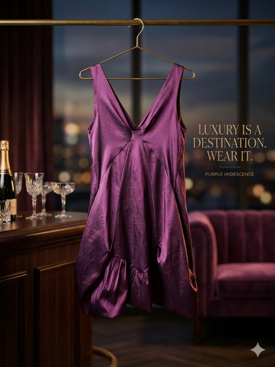Iridescent Midnight Plum Sculptural Cocktail Dress with Hidden Pockets