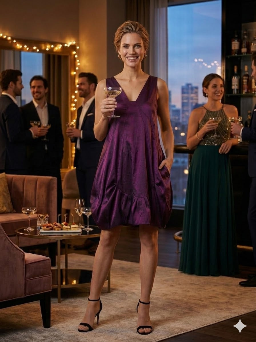 Iridescent Midnight Plum Sculptural Cocktail Dress with Hidden Pockets