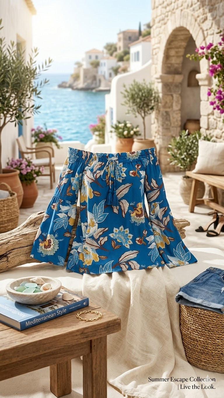Exact Blue Floral Off-the-Shoulder Flare Sleeve Top