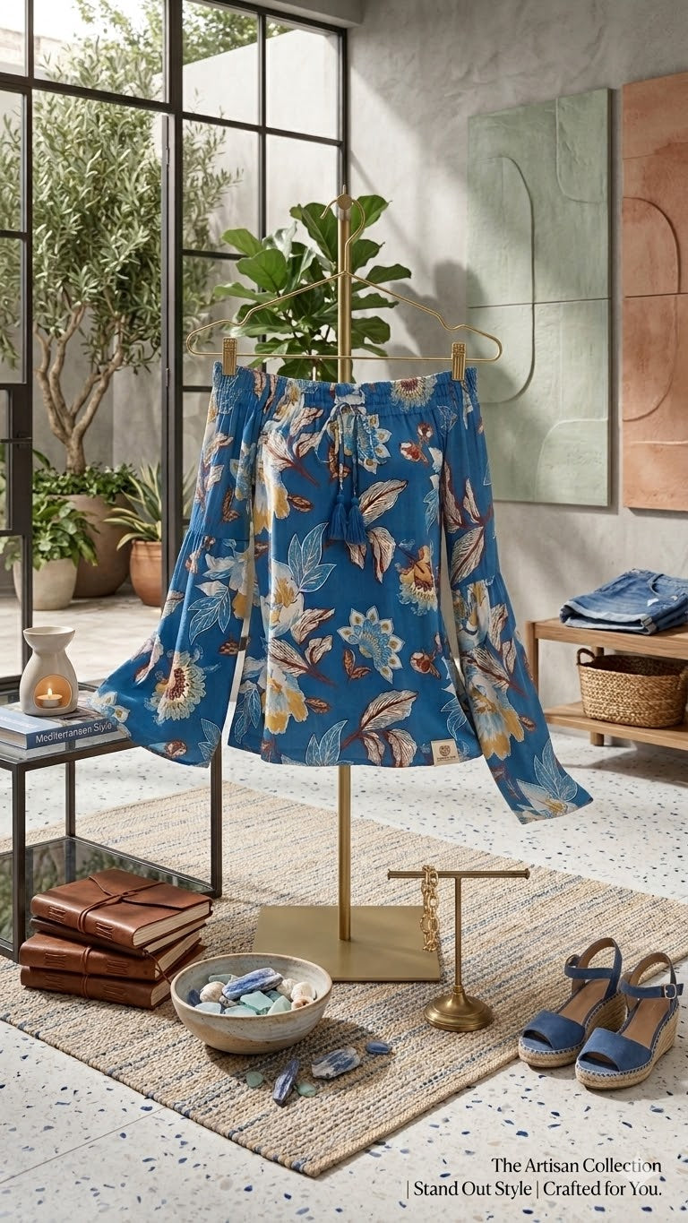 Exact Blue Floral Off-the-Shoulder Flare Sleeve Top