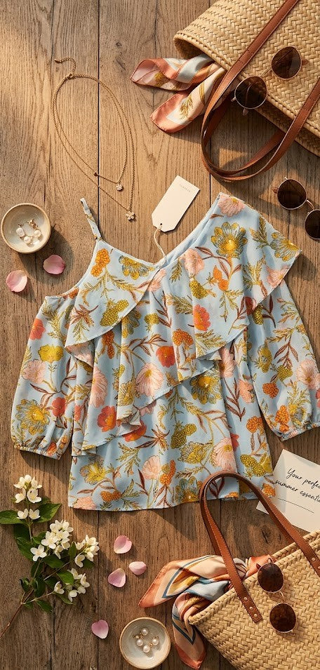 Contempo Floral Ruffle Cold-Shoulder Blouse