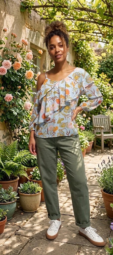 Contempo Floral Ruffle Cold-Shoulder Blouse