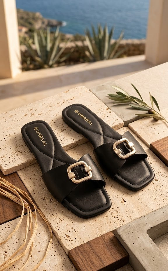 Unreal Brand Buckle Slides | Black, Size 8 (New)