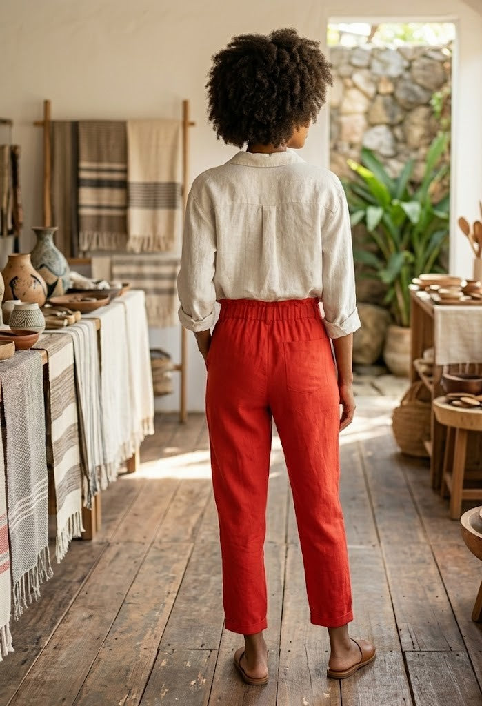 Vibrant Crimson High-Waisted Linen-Blend Trousers | Size 40