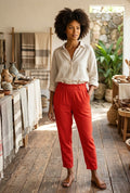 Vibrant Crimson High-Waisted Linen-Blend Trousers | Size 40