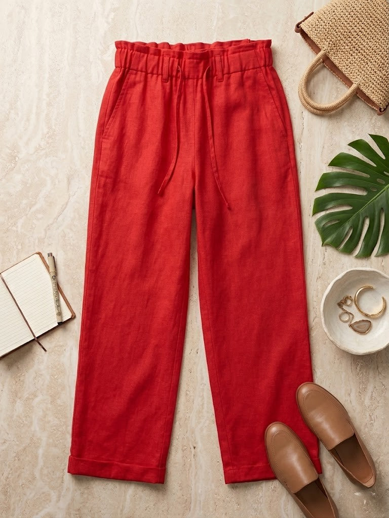 Vibrant Crimson High-Waisted Linen-Blend Trousers | Size 40