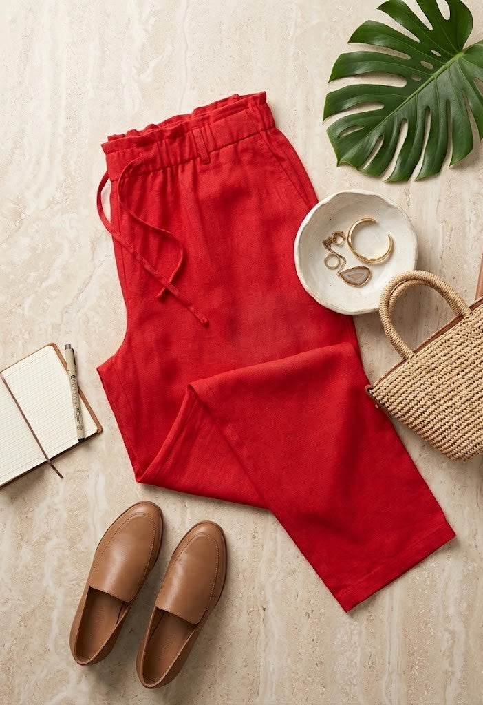 Vibrant Crimson High-Waisted Linen-Blend Trousers | Size 40