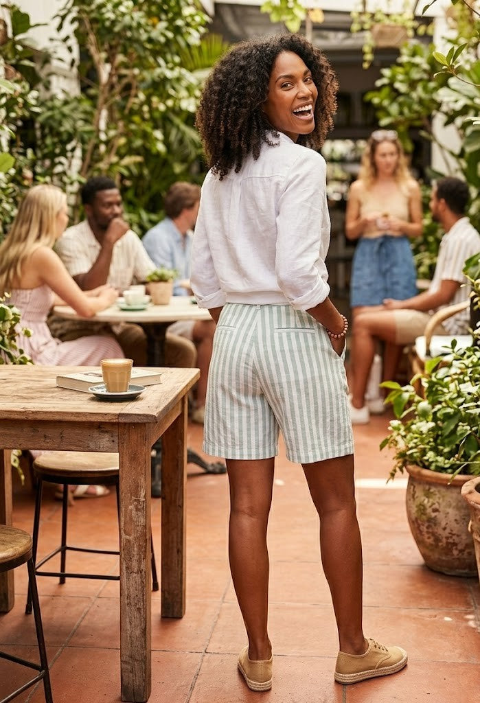 Coastal Stripe High-Rise Cotton Shorts