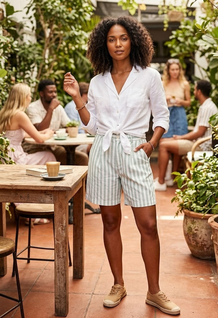 Coastal Stripe High-Rise Cotton Shorts